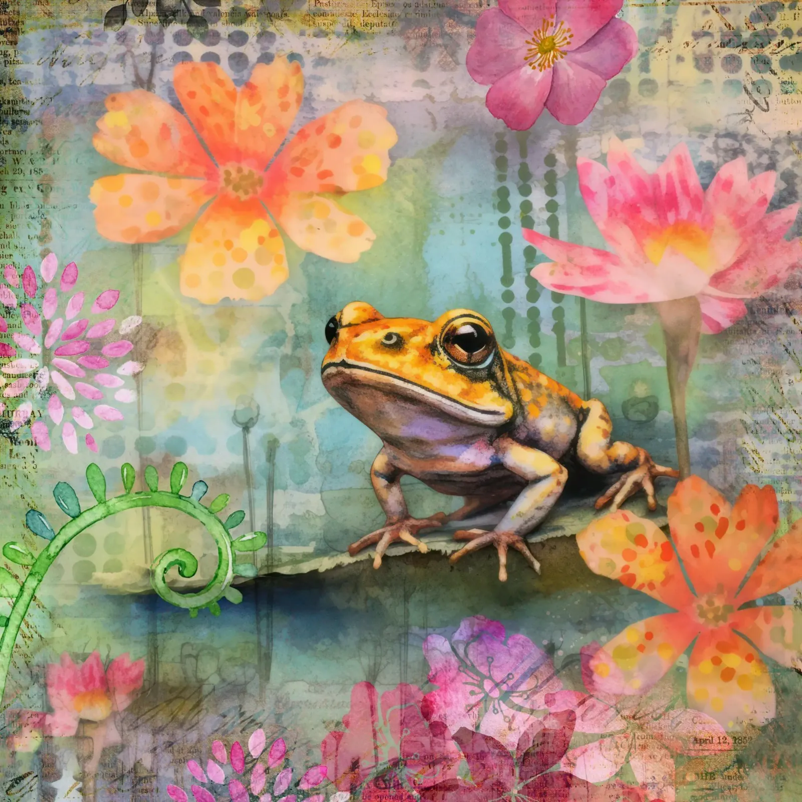 Grenouille Late Summer Wildlife Colorful Mixed Media Art (grenouille à la fin de l'été) hahnemühle de Andrea Haase Modern Home