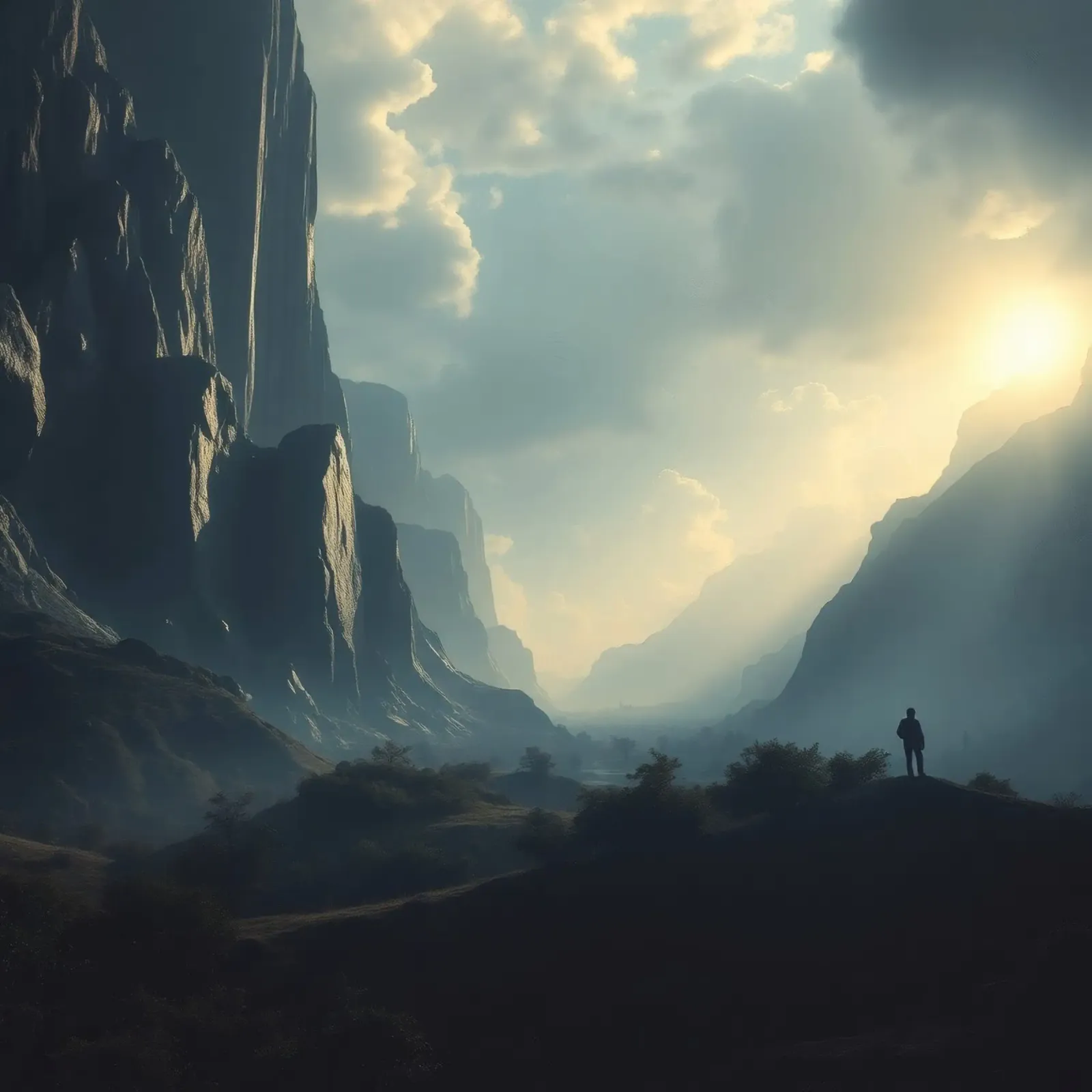 paesaggio montano all'alba con figura solitaria in esplorazione pellicola backlit da DesignDoodle