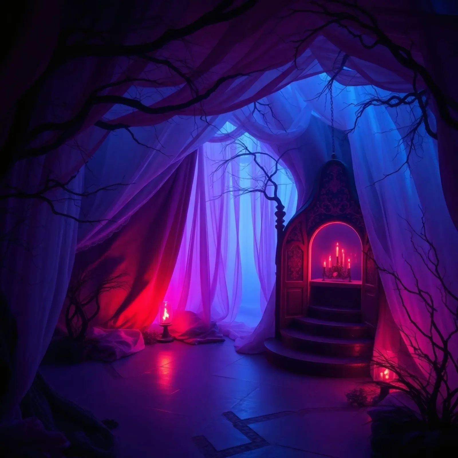 Interni inquietanti con luci soffuse e arredamento misterioso pellicola backlit da DesignDoodle