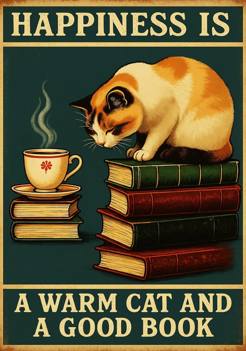 Gatto e libro La felicità è un gatto caldo e un buon libro carta hahnemühle da the gan gan
