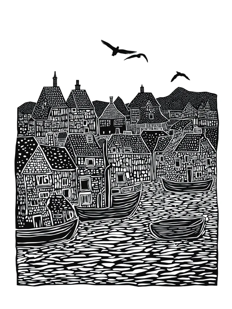Seaside Stillness: The Village by the Water poster con telaio in legno da Indigo Rain