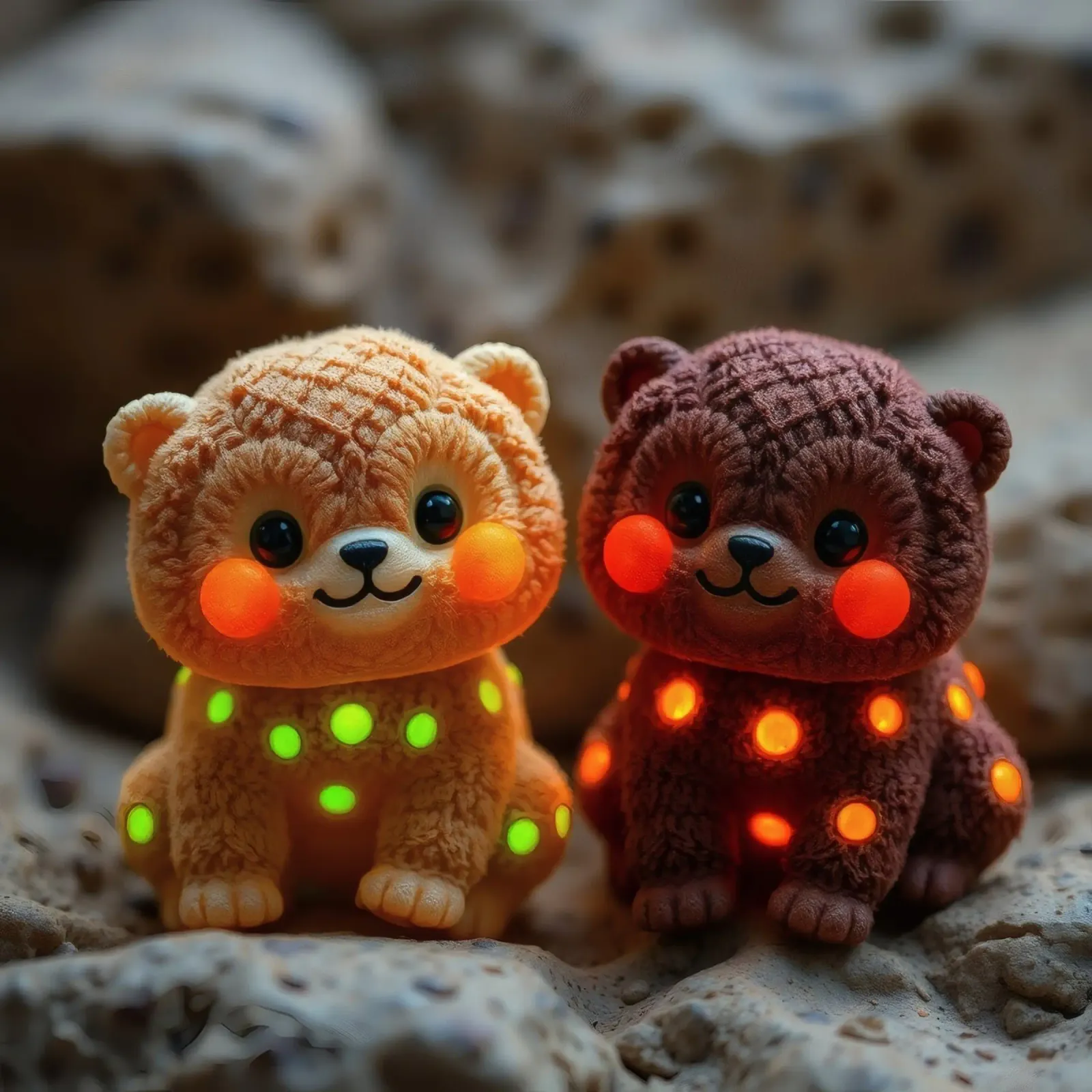 Soft plush bear plushies with glowing spots sit on rock hahnemühle by DesignDoodle