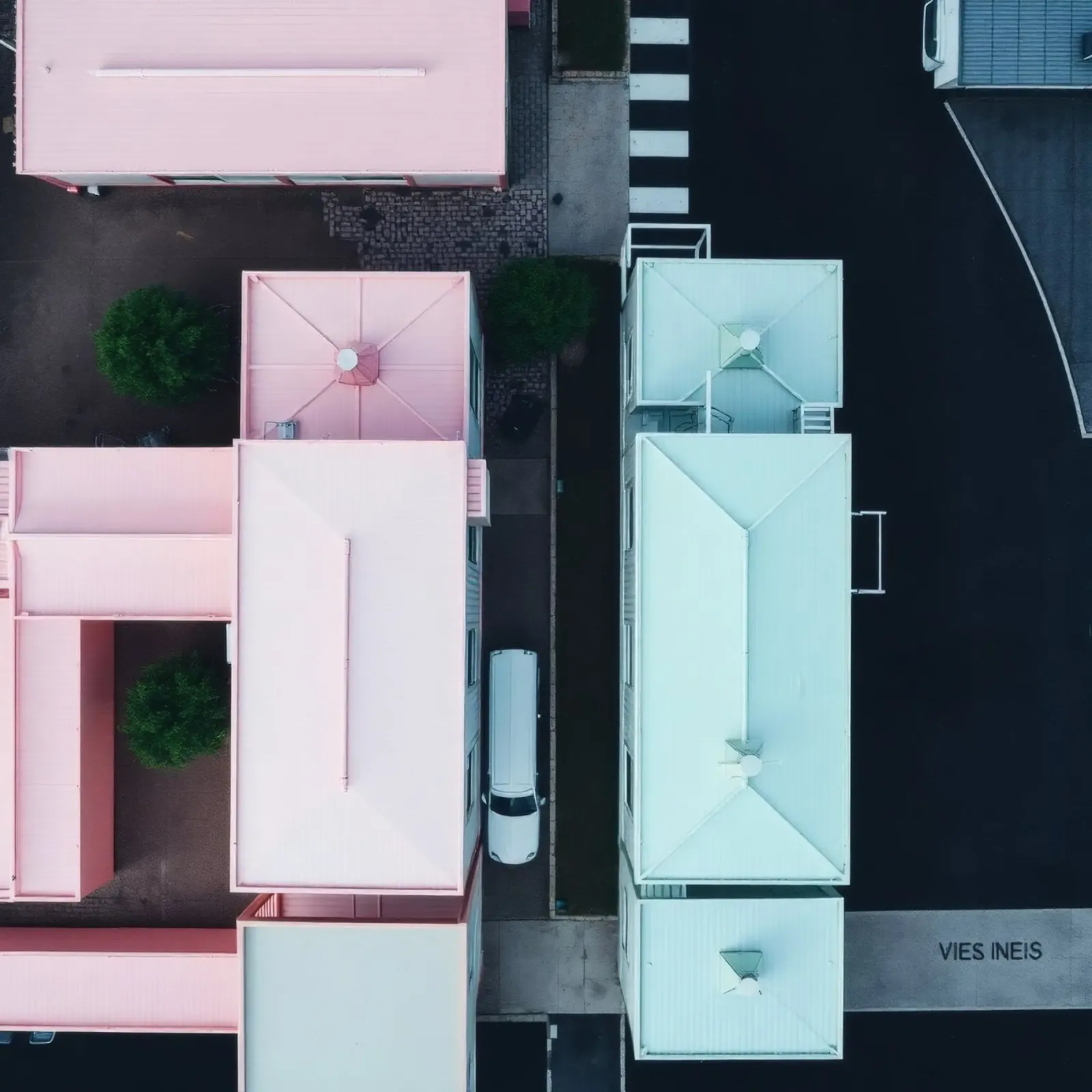Unique aerial view of pastel-colored buildings with trees canvas by DesignDoodle
