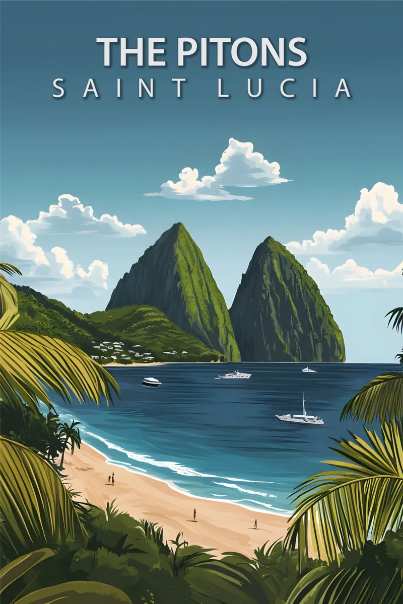 De Pitons, Saint Lucia poster met houten frame van Wanderlust Vibes