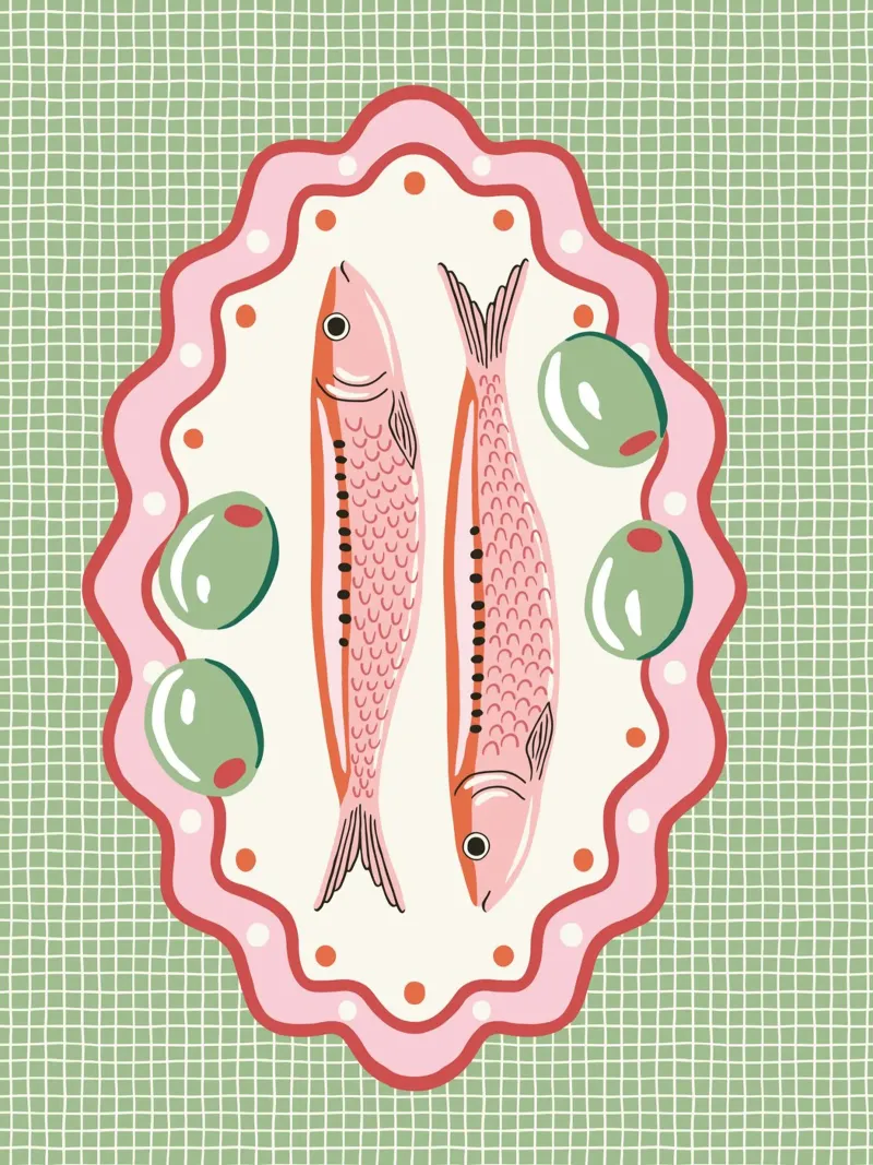 Pink Sardines – Mediterranean  Kitchen Wall Art poster with plastic frame by Vivdesign