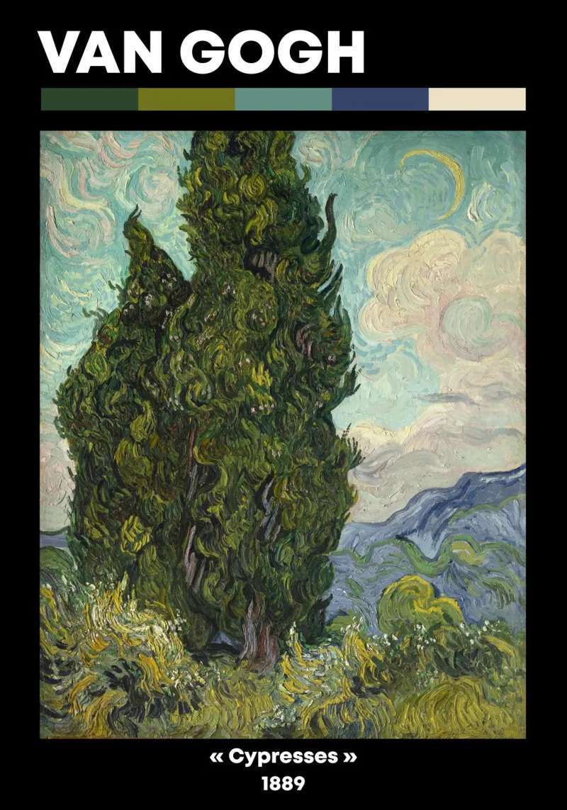 Van Gogh's Cypresses - Post-Impressionist Nature Art Print canvas with Floater frame by NorwesClub