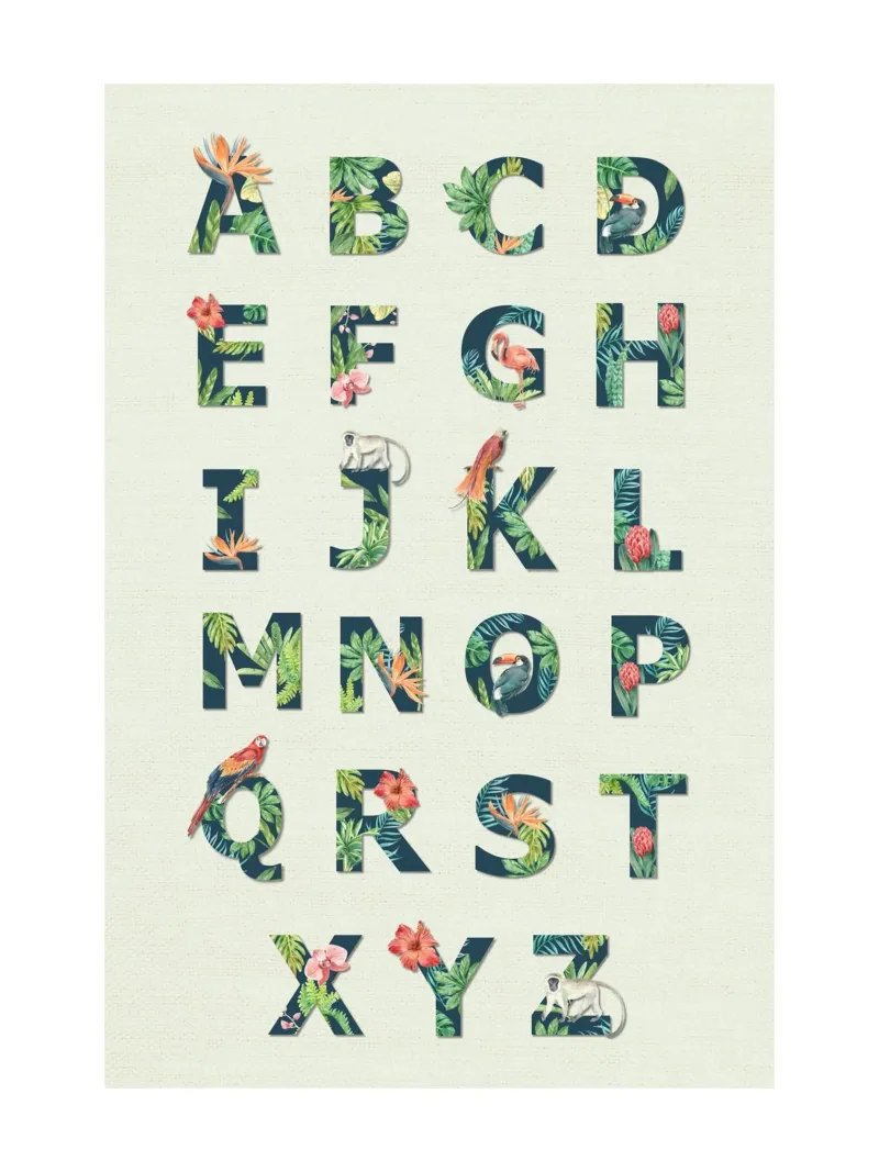 Alfabeto della giungla - Arte murale botanica tropicale dalla A alla Z per bambini poster con telaio in legno da Sprouts & Sparks