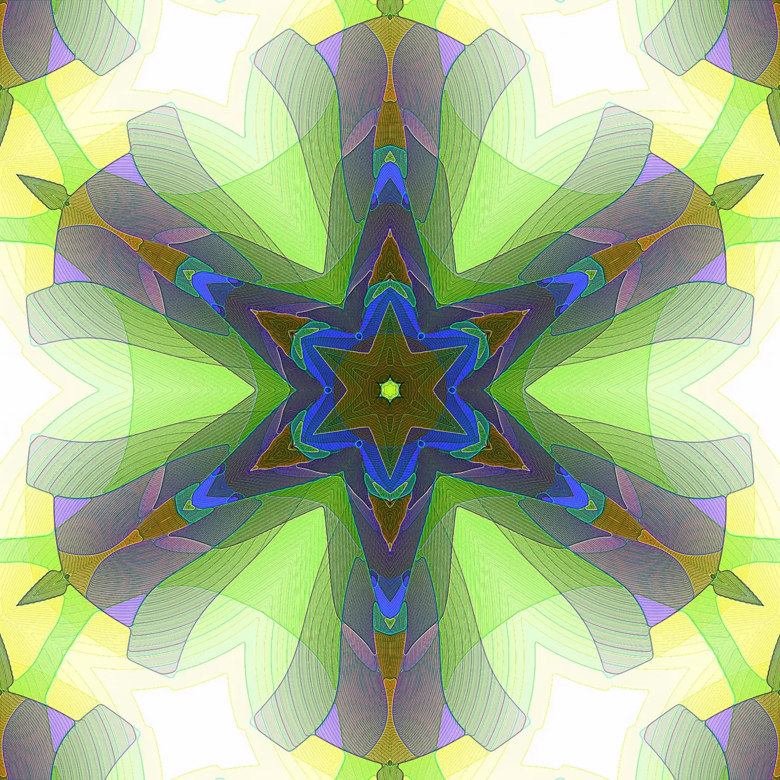 Kaléidoscope avec formes décorées dans les tons vert-jaune-bleu hahnemühle de Gürsel Yesil Digital Art