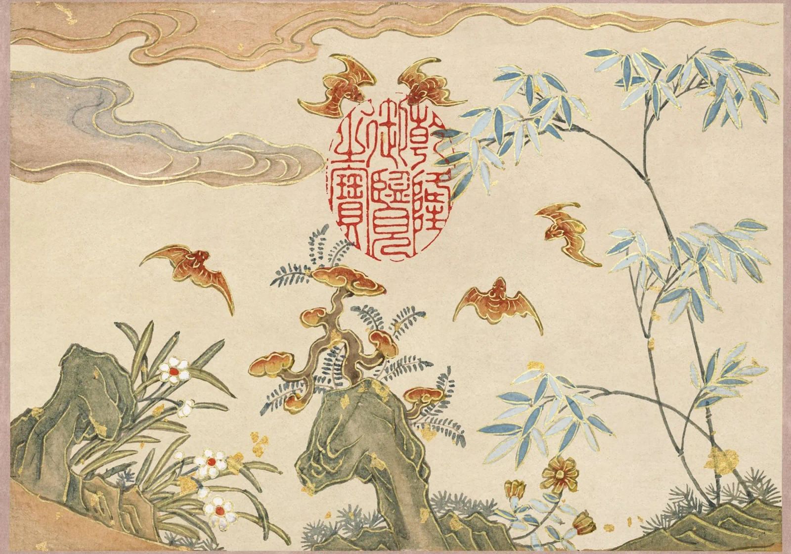 Zhang Ruoai - Pipistrelli, Rocce, Fiori, Arte cinese, Natura, Cal poster da NorwesClub