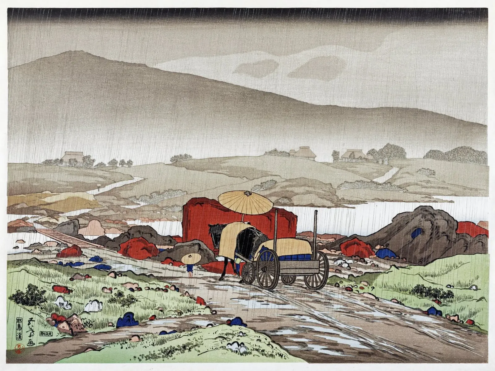 Goyo Hashiguchi - Pioggia di Shin-hanga a Yabakei | Terra giapponese pellicola backlit da NorwesClub