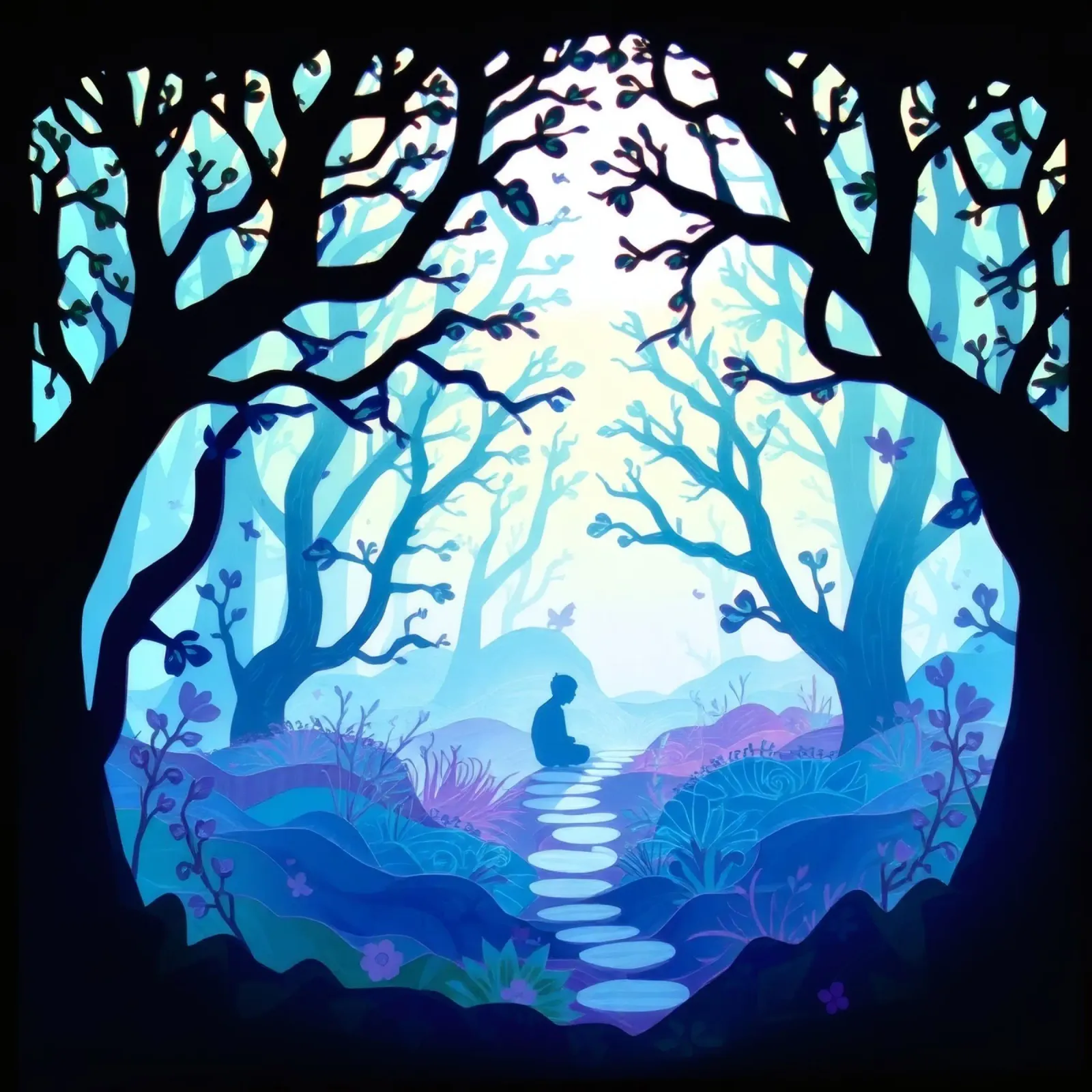 Silhouette einer ruhig zwischen blauen Bäumen sitzenden Person Alu-Dibond von DesignDoodle