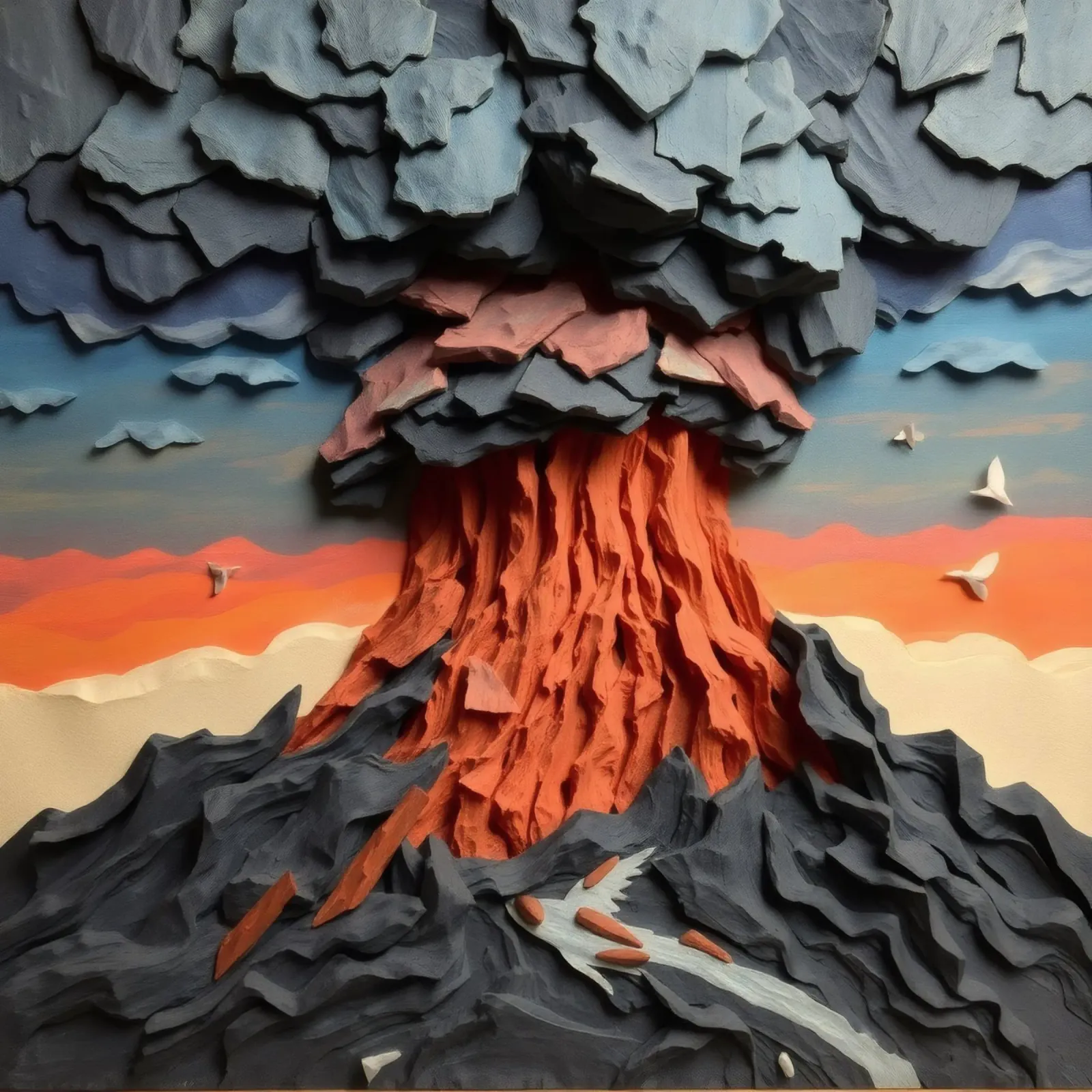 L'opera d'arte sull'eruzione del vulcano mostra strati di lava e nuvole pellicola backlit da DesignDoodle