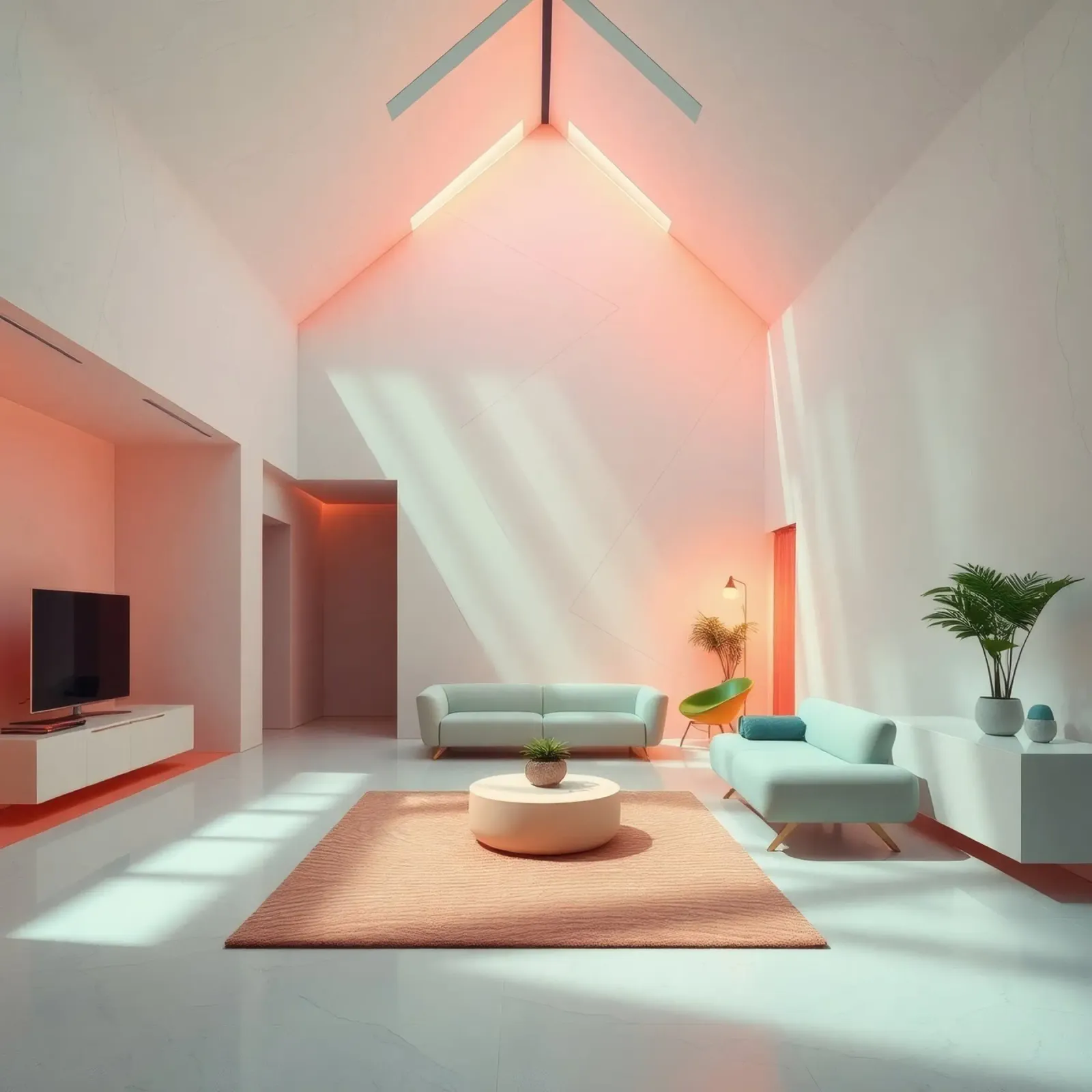Moderne woonkamer met minimalistisch design en zachte verlichting canvas met Baklijst van DesignDoodle