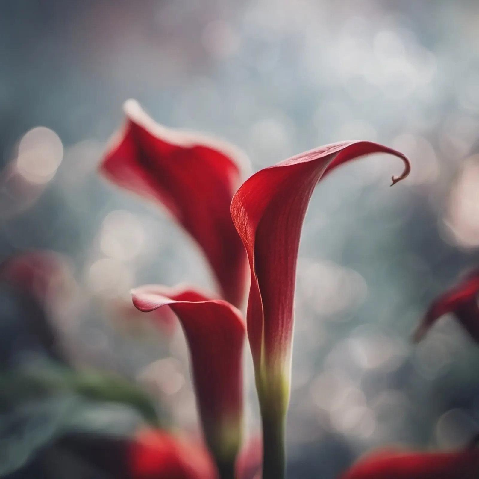 Eleganti gigli di Calla rossi in soft focus pellicola backlit da PhotoVibe Decor