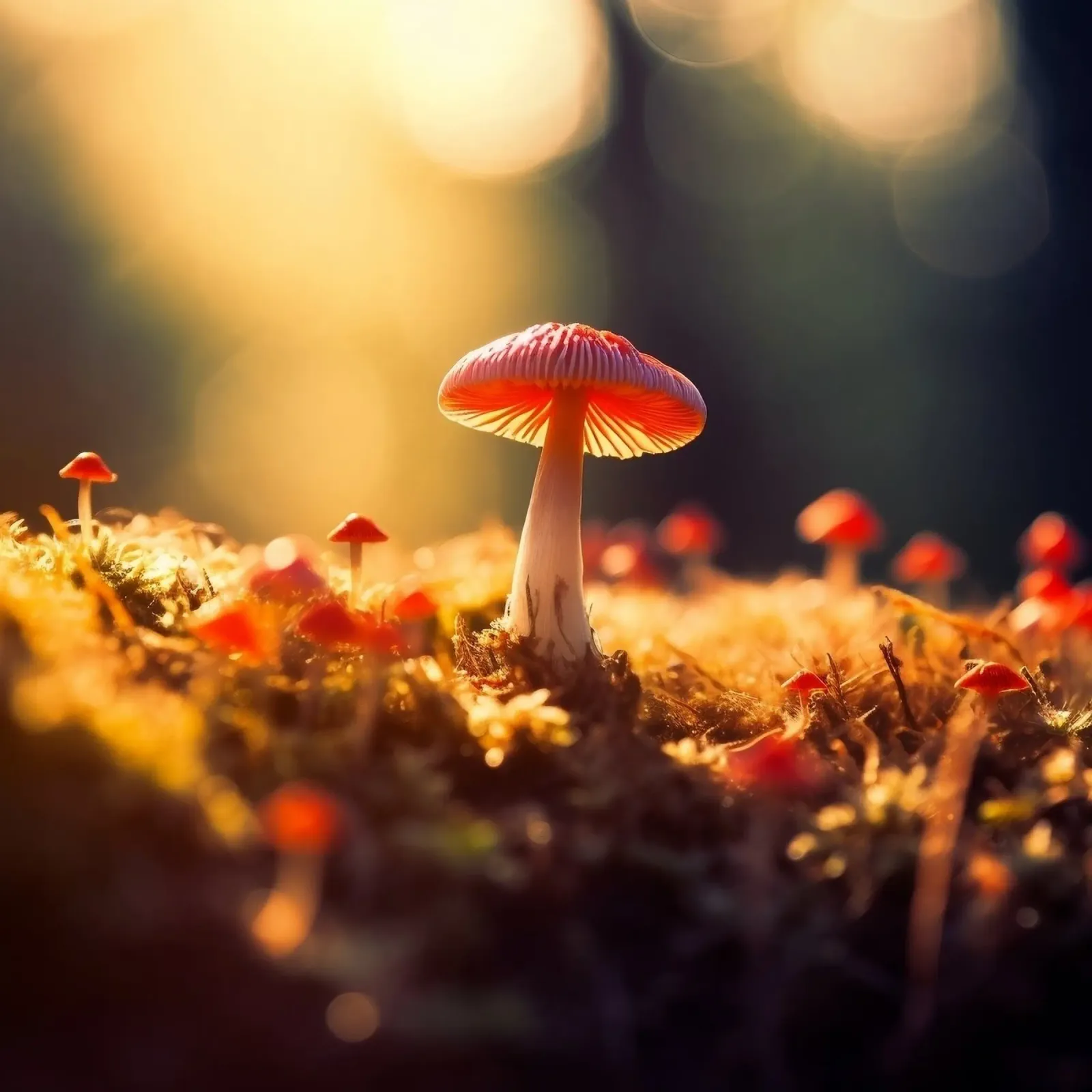 Fungo rosso solitario all'alba poster con telaio in alluminio da PhotoVibe Decor