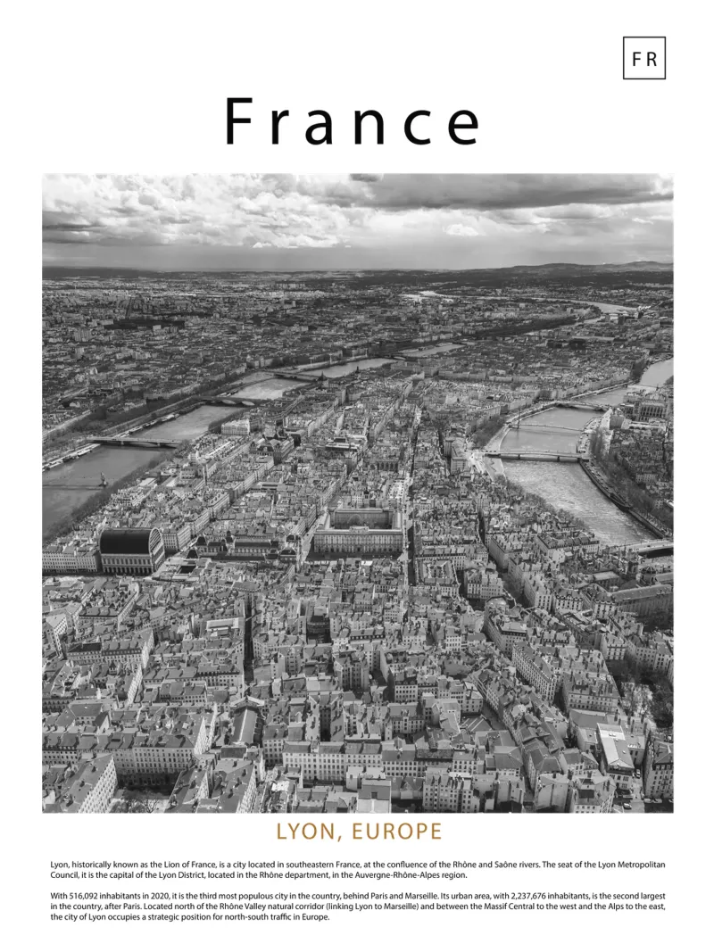 Wandkunst uit Lyon, Frankrijk canvas met Baklijst van ✈ world in frame