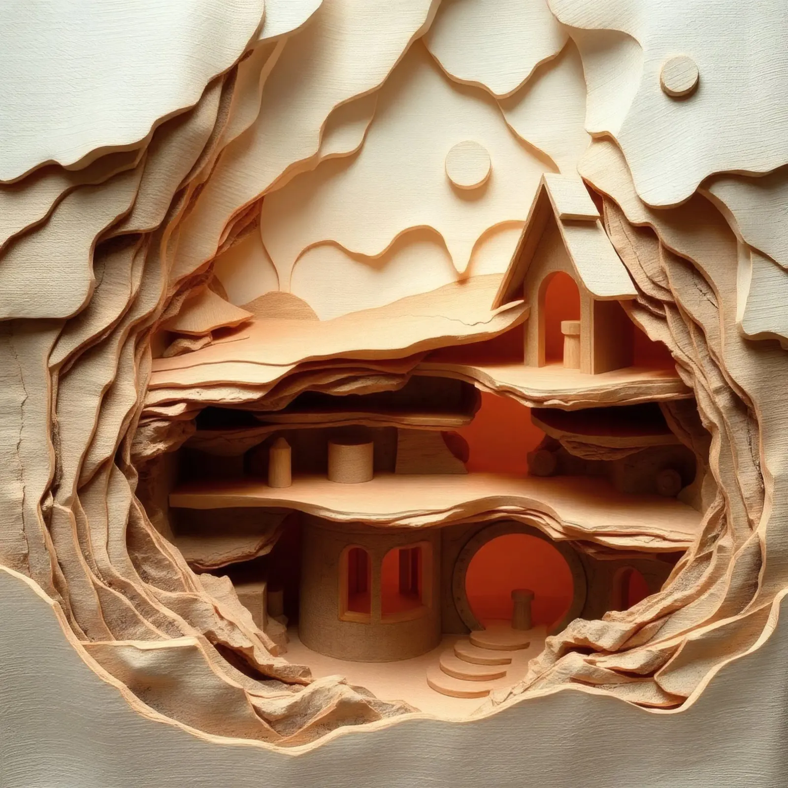 Un'arte di carta intricata che mette in mostra una struttura di legno a strati pellicola backlit da DesignDoodle