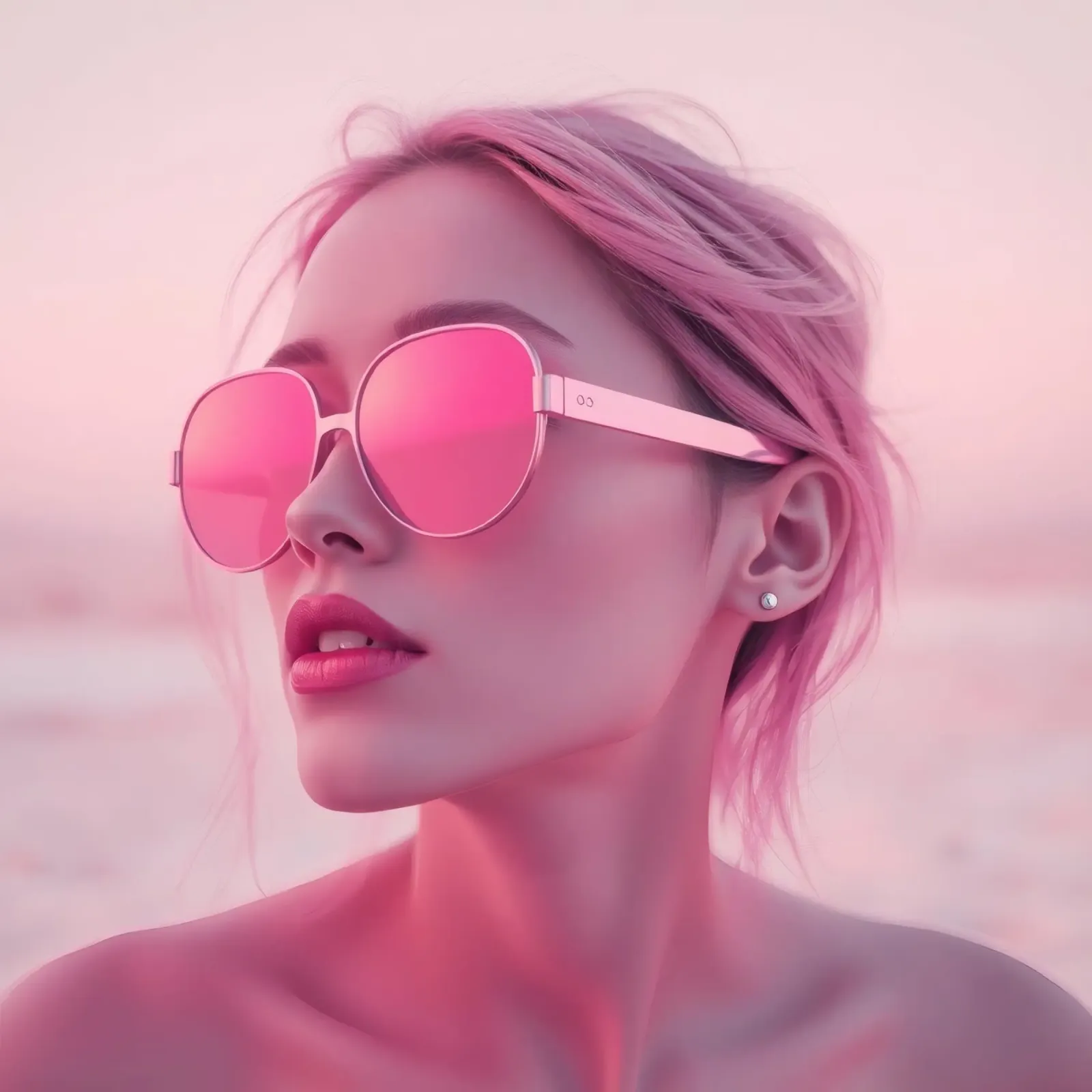 Donna con occhiali da sole rosa che si gode un tramonto in spiaggia pellicola backlit da DesignDoodle