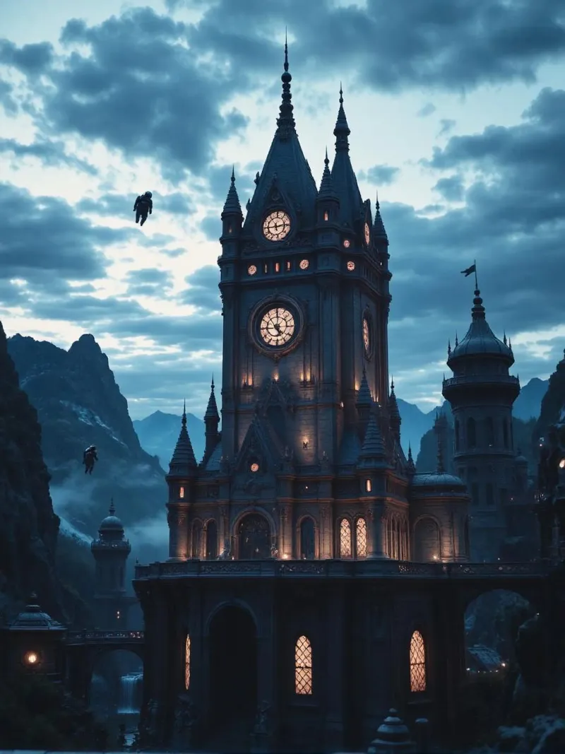 Fantasy surreal castle photo with astronauts levitating in t poster da heaventrain