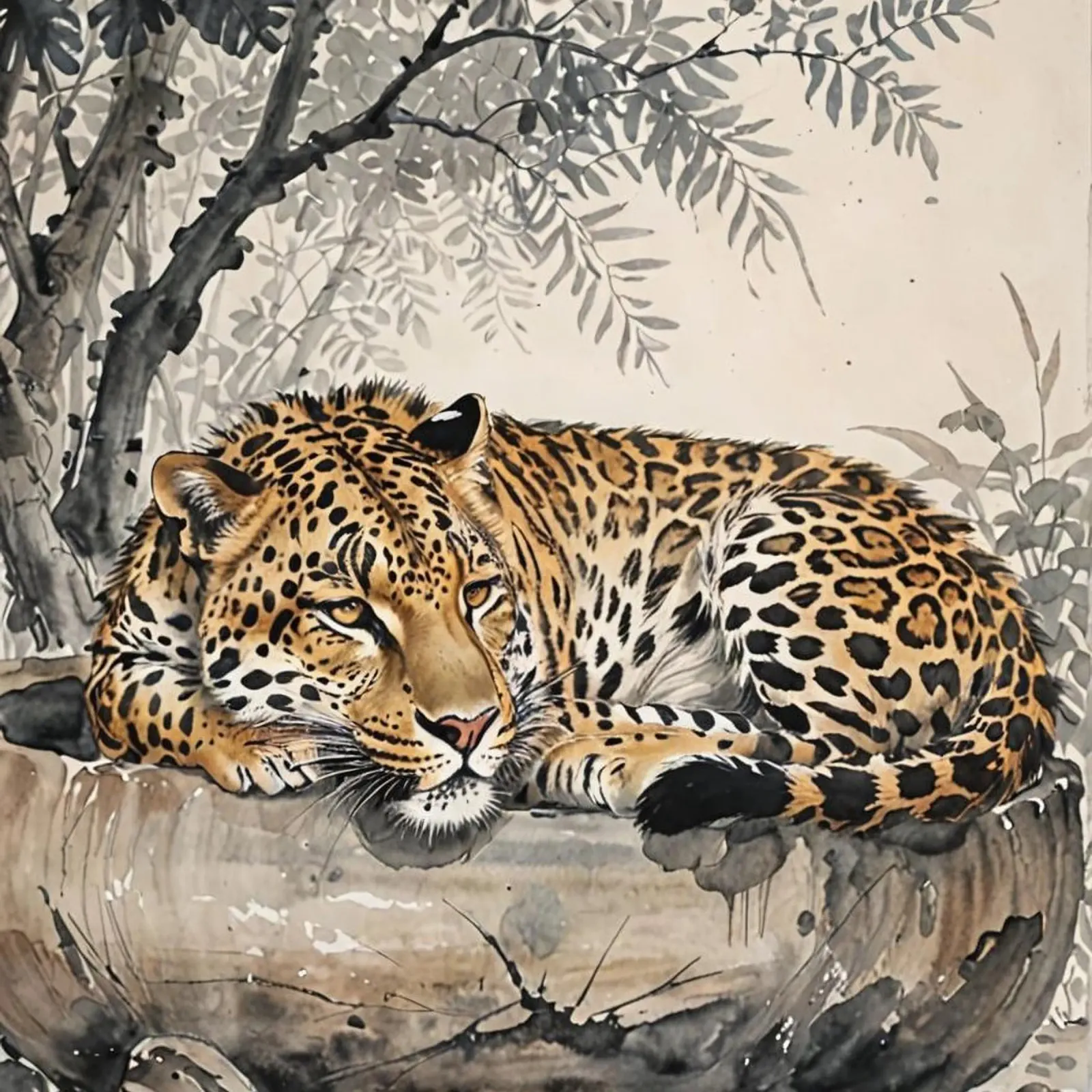 Leopard sleeping on branch log chinese ink watercolor pellicola backlit da heaventrain