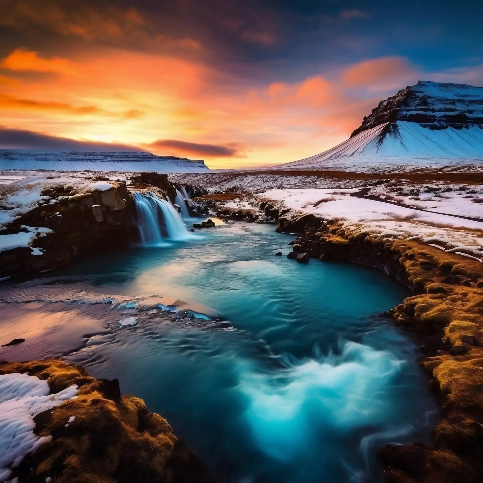 Sunset over Icy Waterfalls and Mountain canvas with Floater frame by PhotoVibe Decor