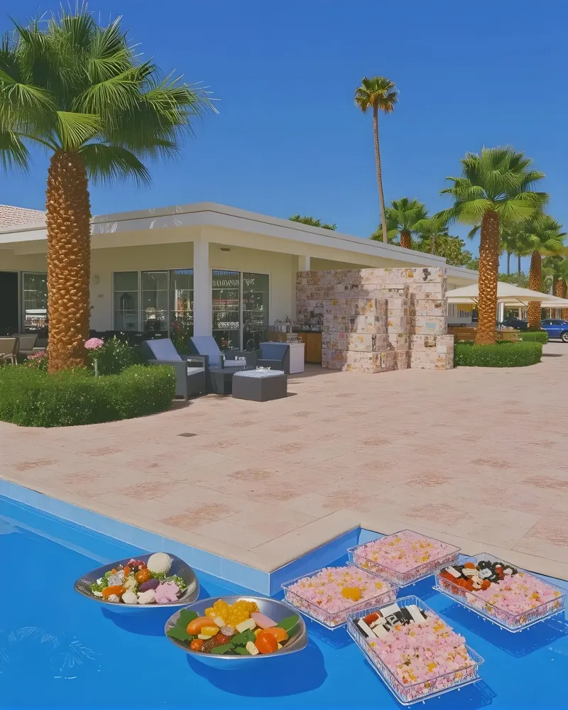 Retro California 80s pool coconut trees snacks pellicola backlit da heaventrain