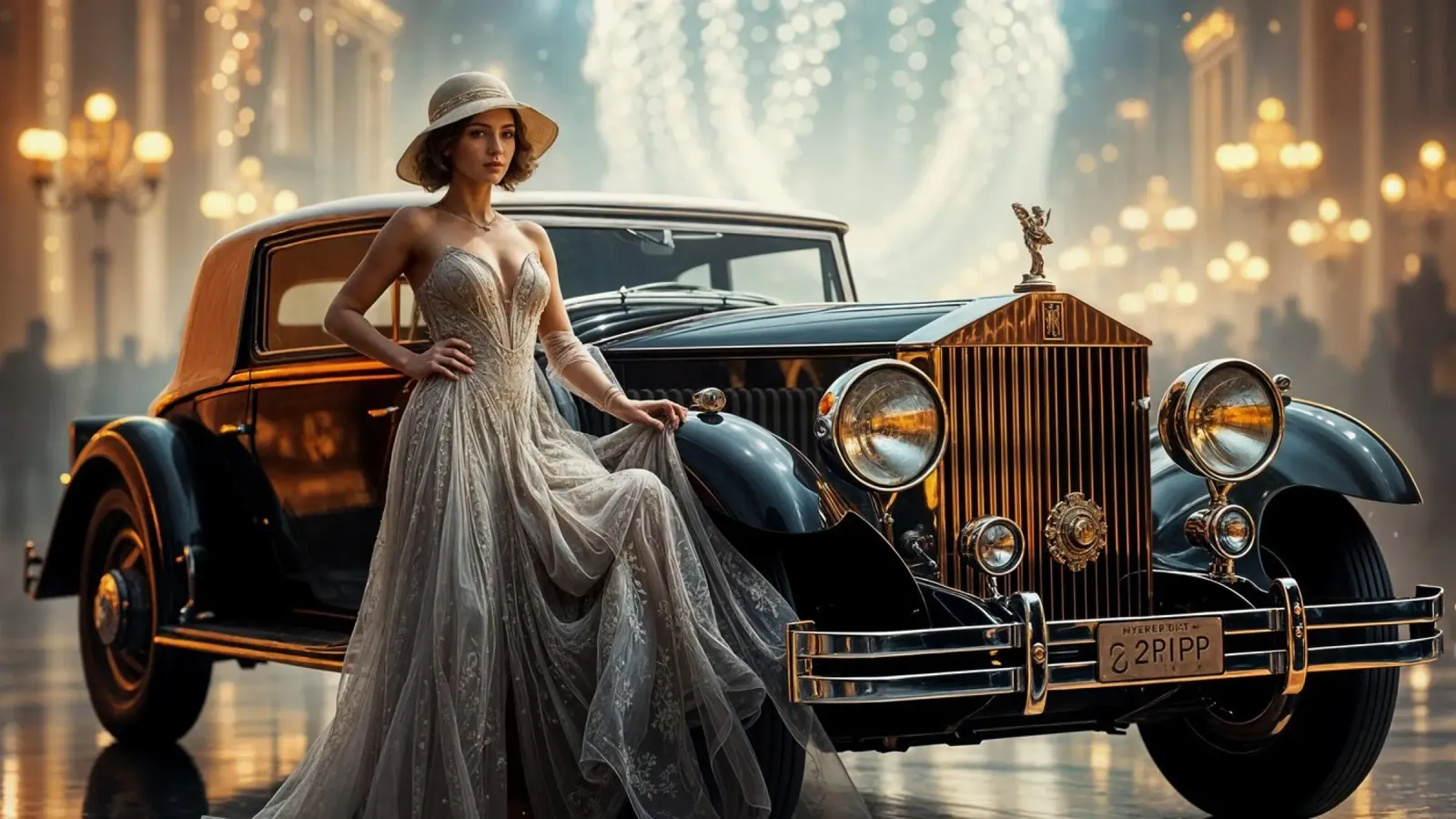 Elegante mujer de los años 20 posando junto a un Rolls-Royce poster con marco de madera de Magic Screen