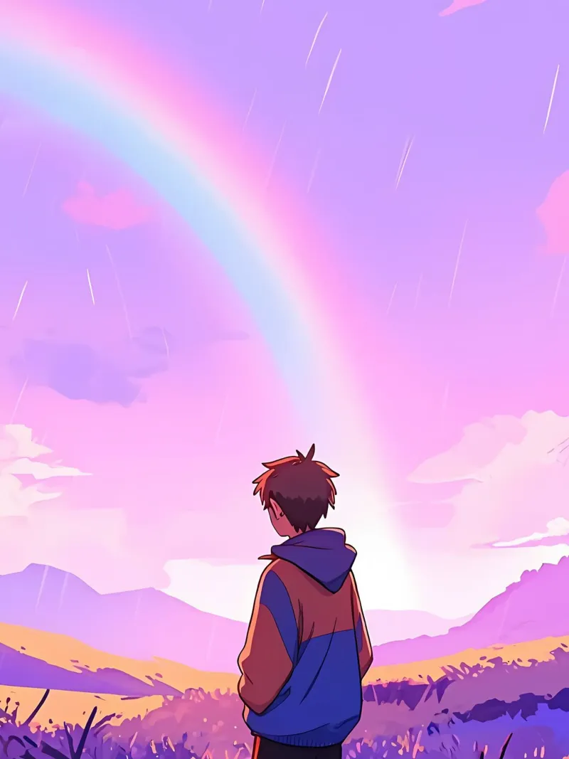 Boy Looking At Rainbow In Purple Sky Lofi Art hahnemühle by LoFi Gallery