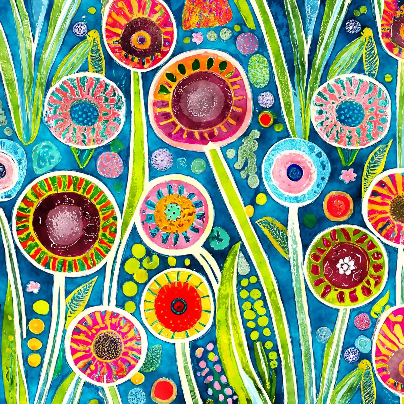 Funky Dandelions poster with wooden frame by Botanical Pattern House