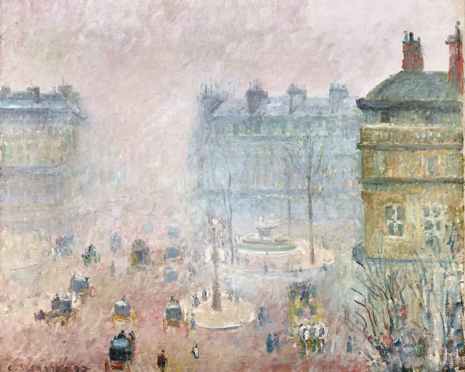 Pissarro's Paris Fog: Impressionist Cityscape, Moody, Serene poster with aluminum frame by NorwesClub
