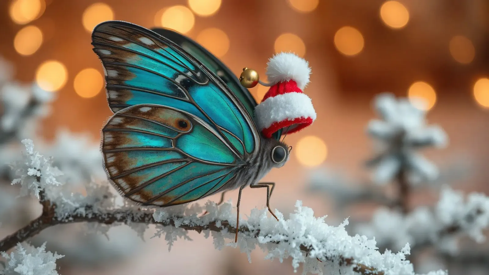 Una farfalla blu con un festoso cappello da Babbo Natale appollaiata su un albero di Natale. pellicola backlit da DesignDoodle