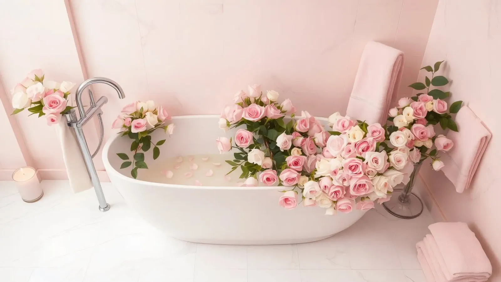 Un rilassante bagno floreale in un bagno moderno e decorato poster con telaio in alluminio da DesignDoodle