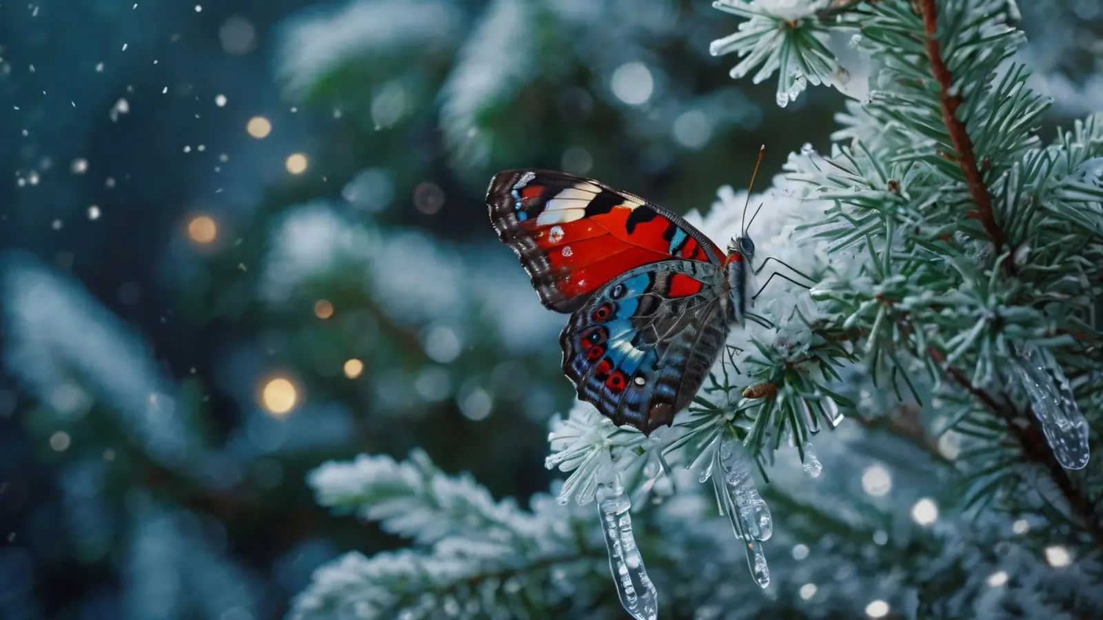 A butterfly resting on evergreen branches covered in frost canvas by DesignDoodle
