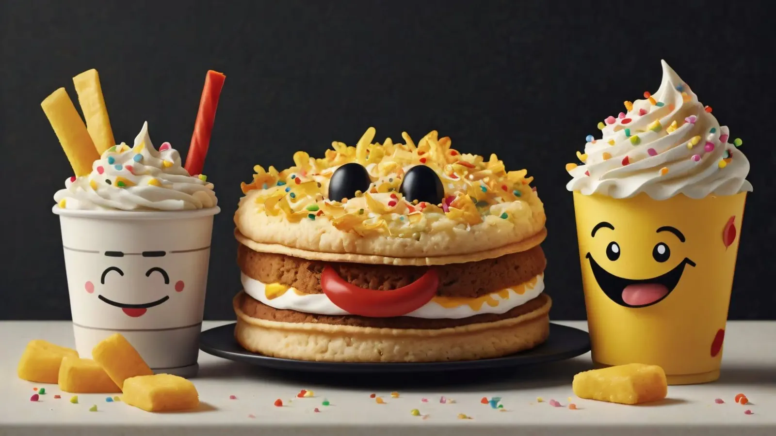 Fun and colorful dessert display featuring a playful burger hahnemühle by DesignDoodle