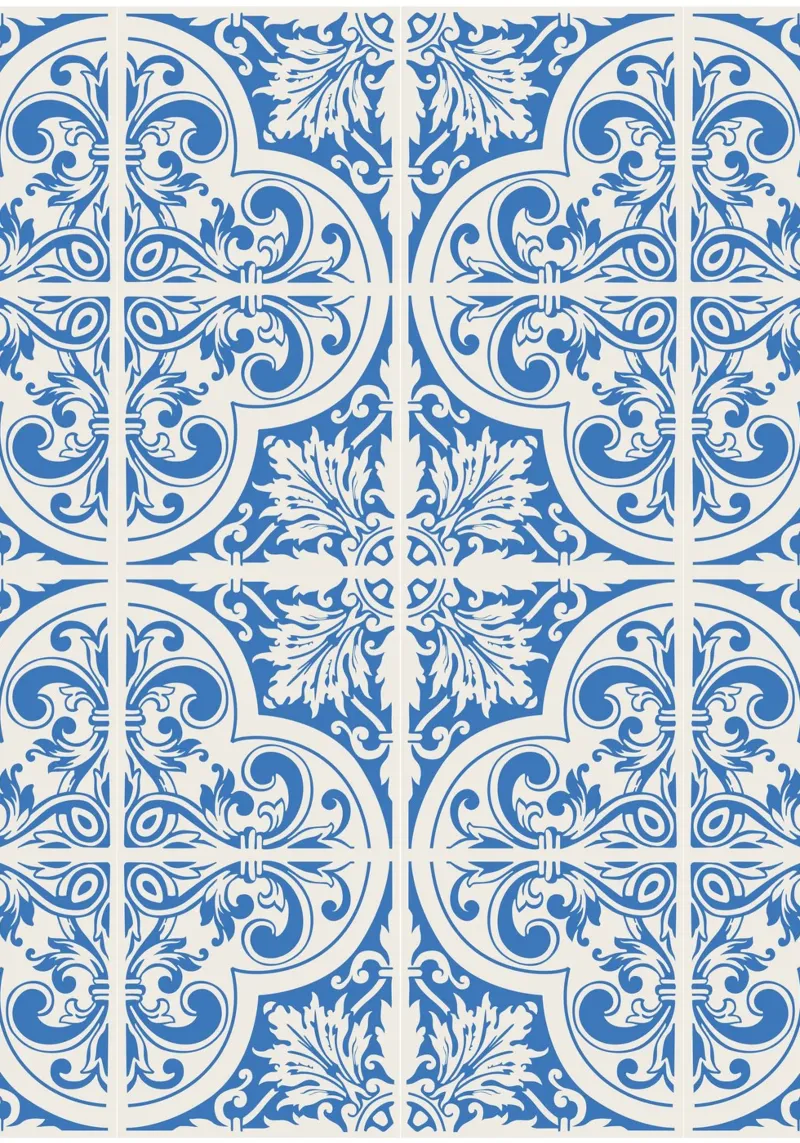 Arte murale ornata con motivi di piastrelle mediterranee bianche e blu Prin carta hahnemühle da NorwesClub