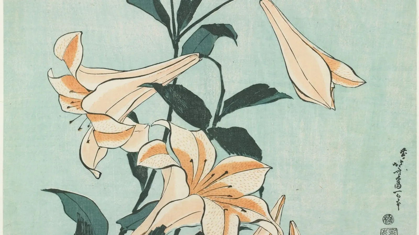 Hokusai: Gigli eleganti e bellezza botanica - Ukiyo-e sereno poster con telaio in legno da NorwesClub