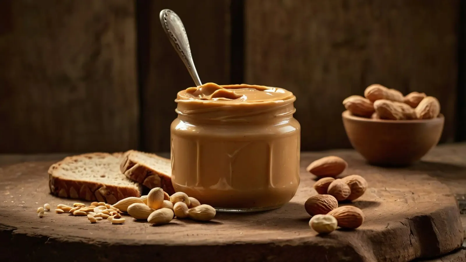 Delicious creamy peanut butter in a jar with sliced bread hahnemühle by DesignDoodle