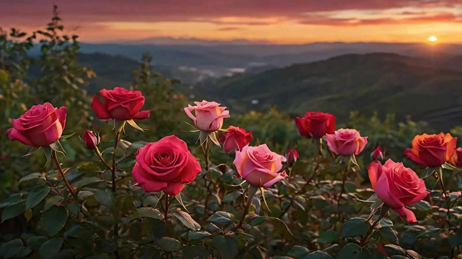 Rose colorate che sbocciano su un tramonto mozzafiato poster con telaio in plastica da DesignDoodle