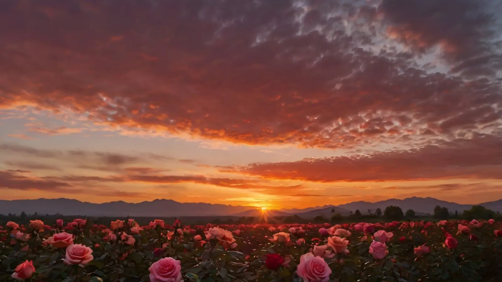 Sunset over rose garden with clouds in the sky and mountains canvas by DesignDoodle