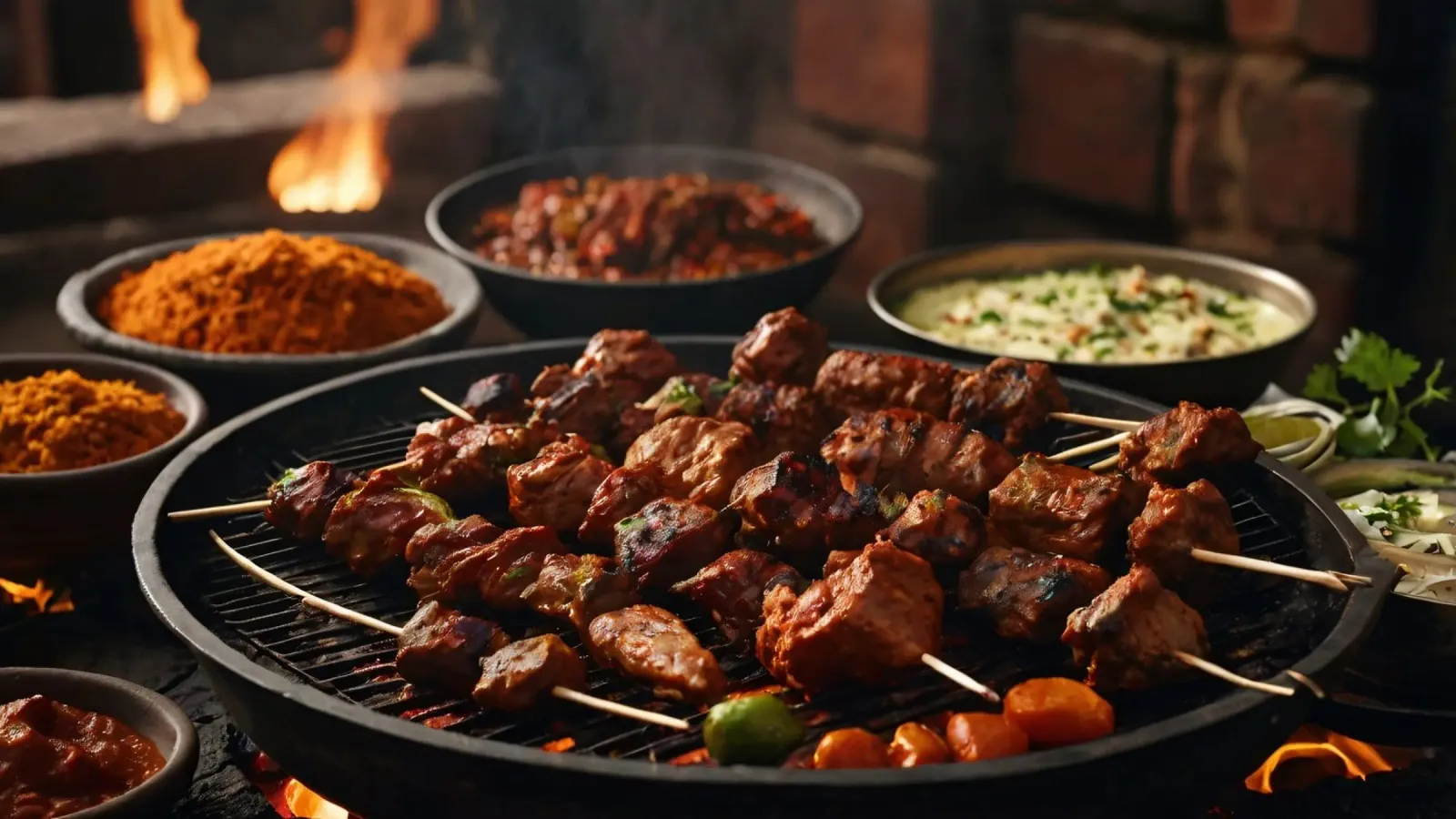 Delicious skewers grilling over an open flame with spices alu-dibond by DesignDoodle