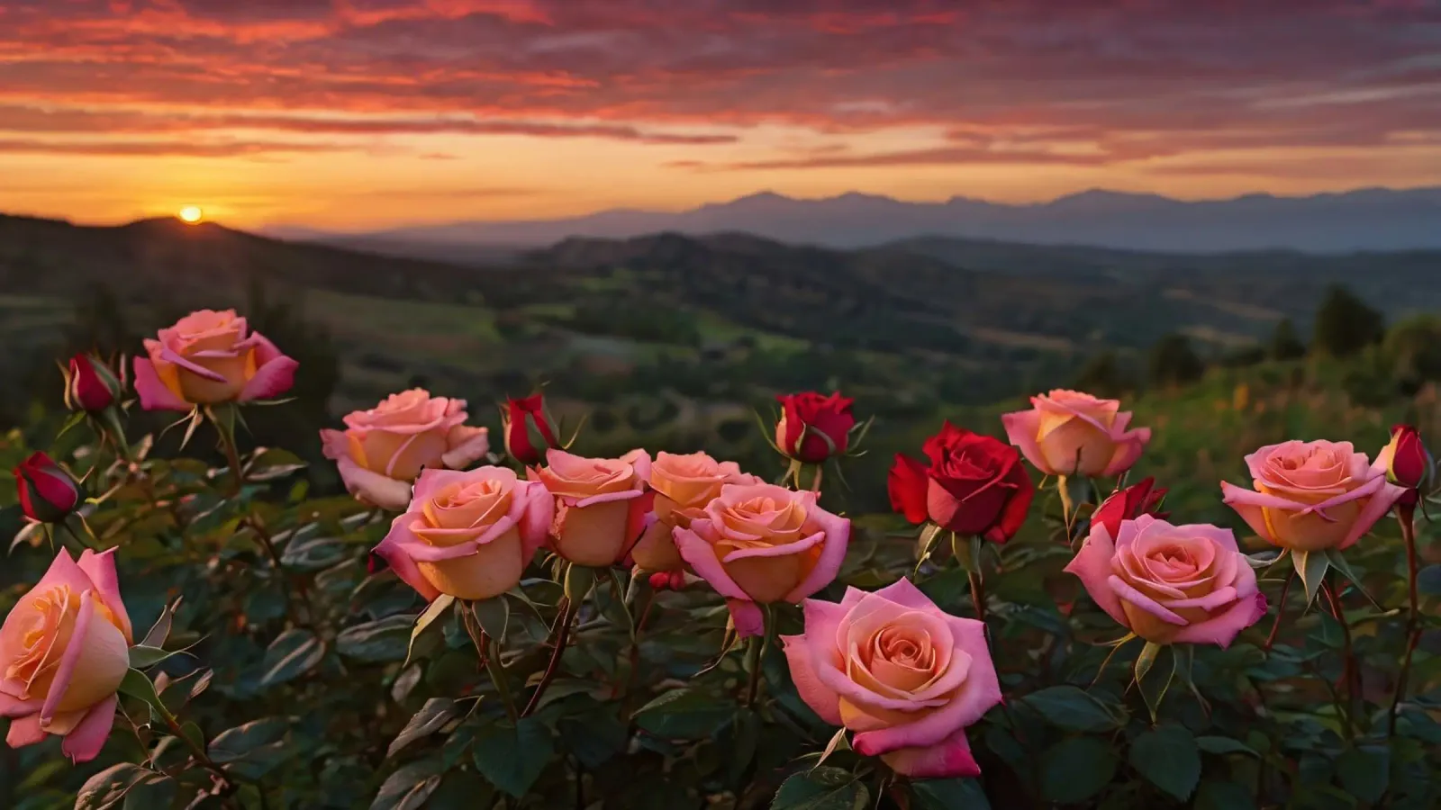 Tramonto mozzafiato su rose in fiore in una tranquilla zona montana carta hahnemühle da DesignDoodle