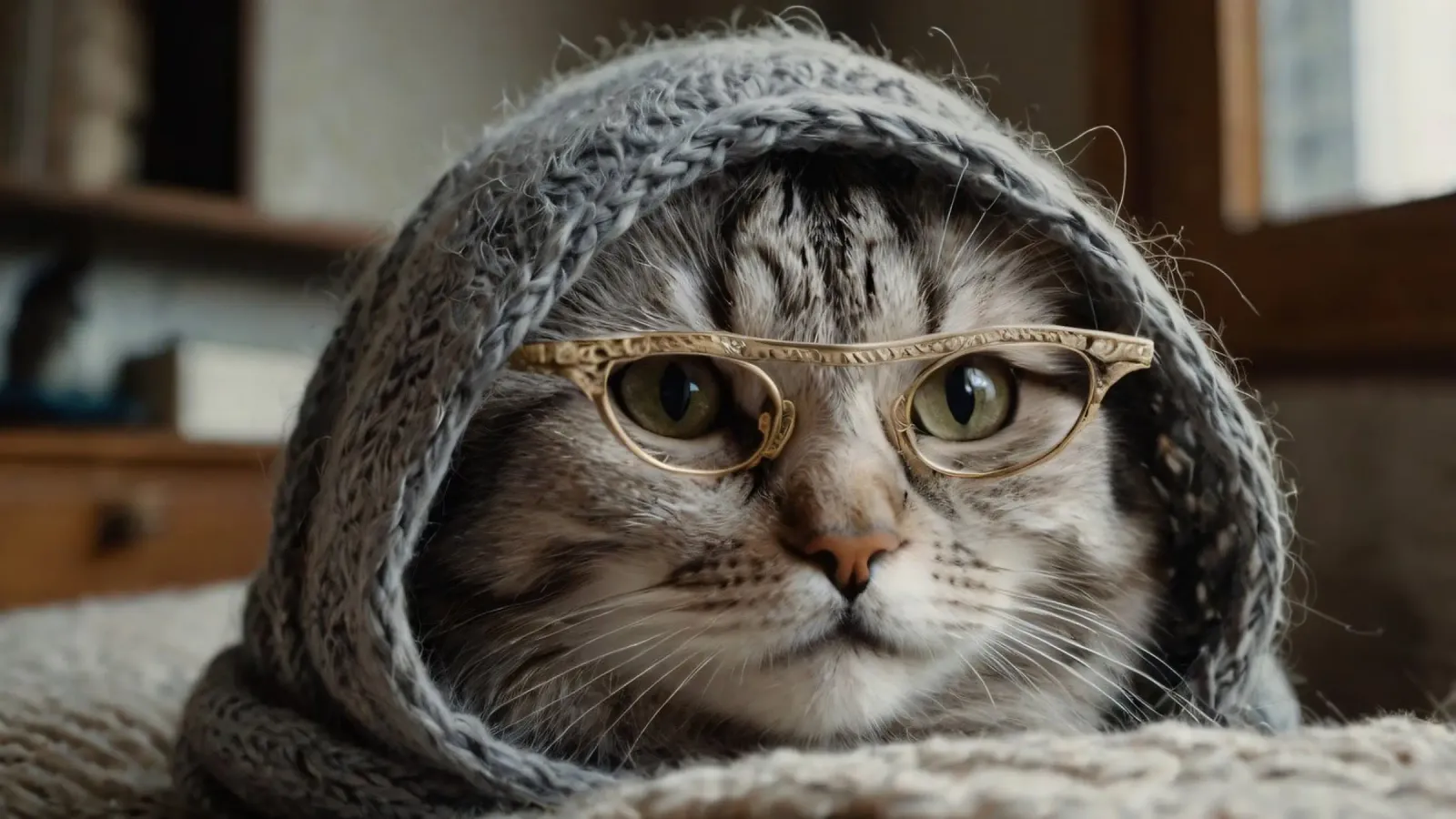 Un gatto accogliente che indossa occhiali e una sciarpa lavorata a maglia per rilassarsi pellicola backlit da DesignDoodle