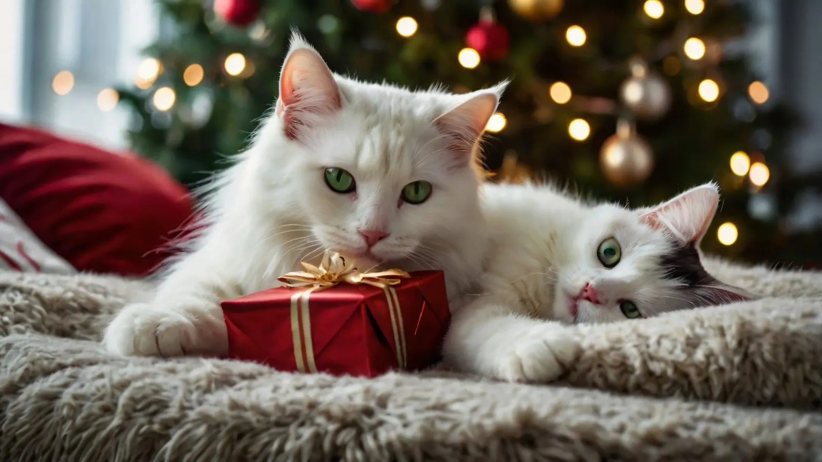 Two fluffy cats relaxing near a decorated Christmas tree canvas with Floater frame by DesignDoodle