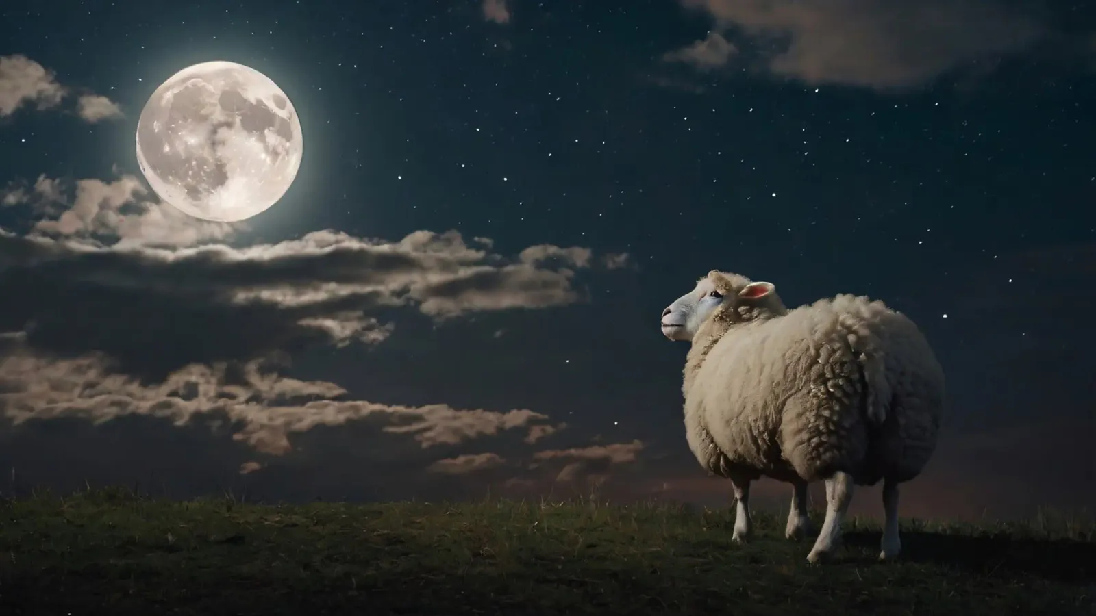 A lone sheep gazes at the bright full moon in a starlit sky canvas by DesignDoodle