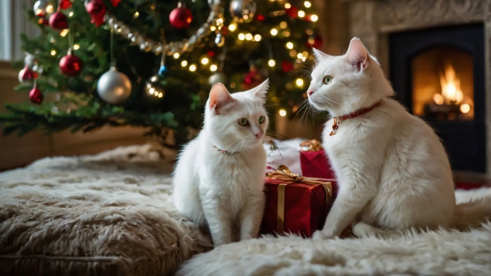 Gatti bianchi seduti vicino a un albero di Natale circondato da regali pannello forex da DesignDoodle