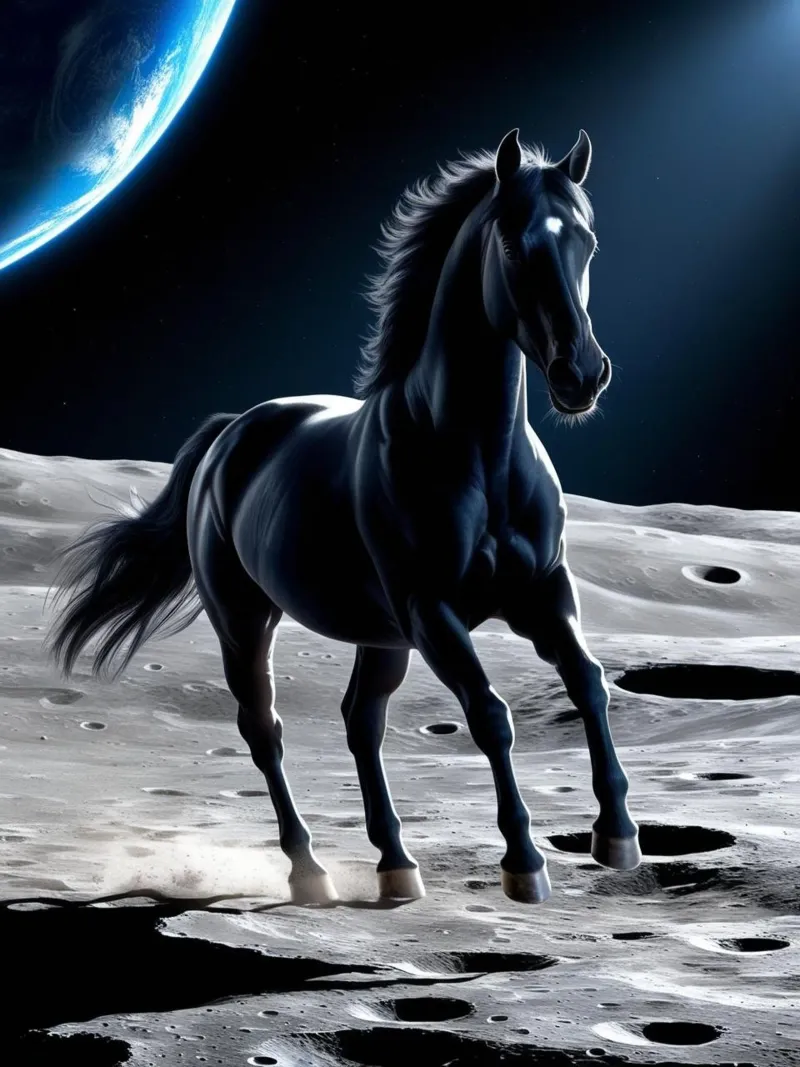 Schwarzes Pferd auf dem Mond poster da Poster Dreams
