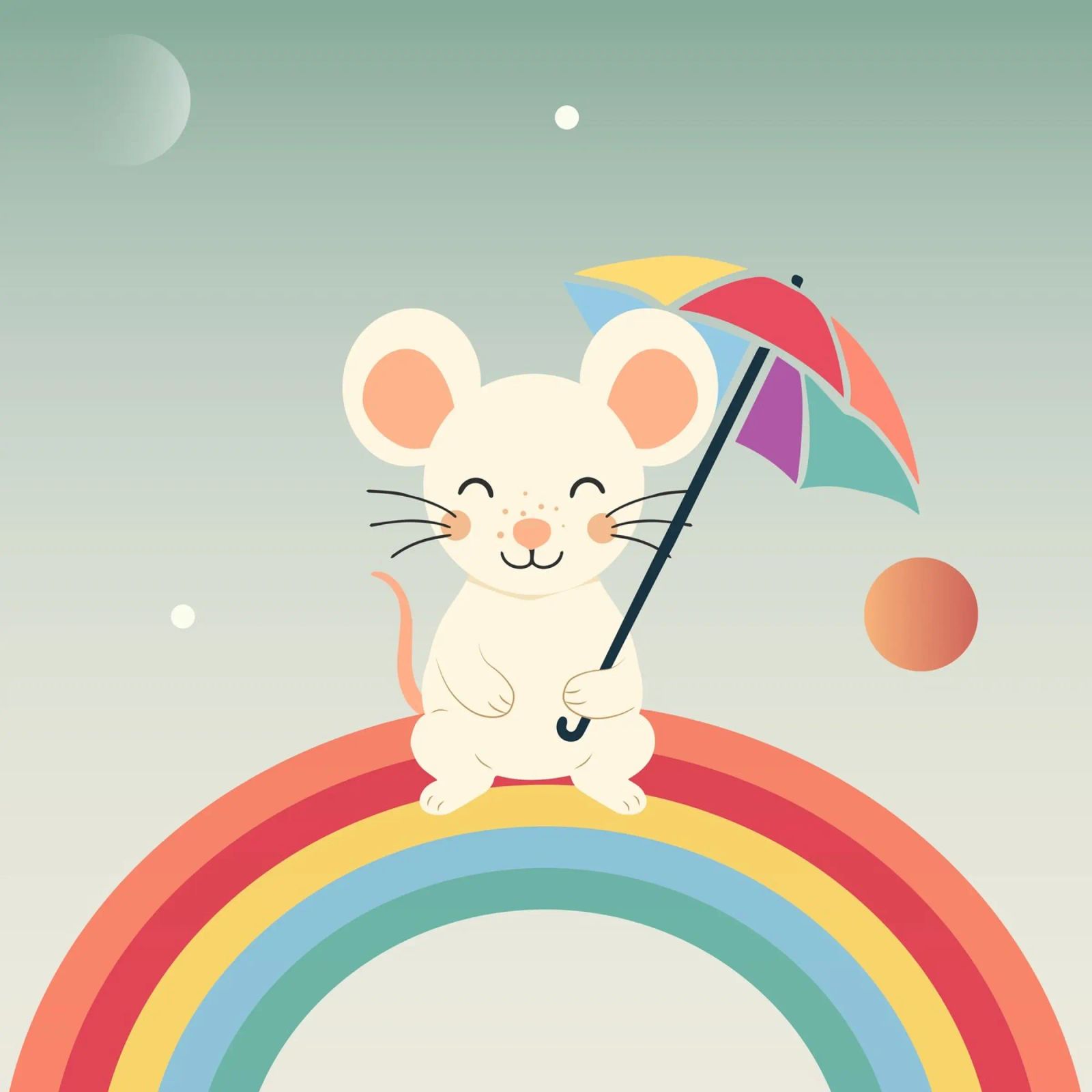 Une souris joyeuse avec un parapluie sur un arc-en-ciel - Motif ludique poster de namosh