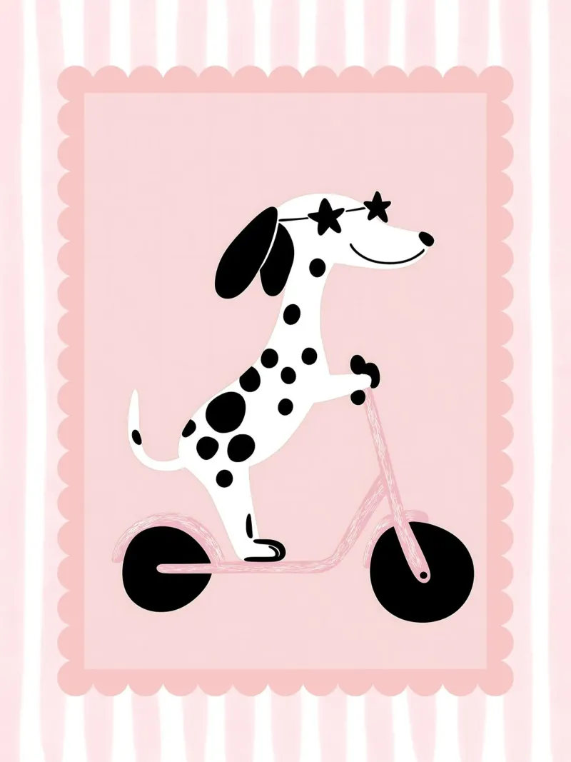 Dalmatian on Scooter Print, Nursery Wall Art poster avec cadre en aluminium de SunshinePrints