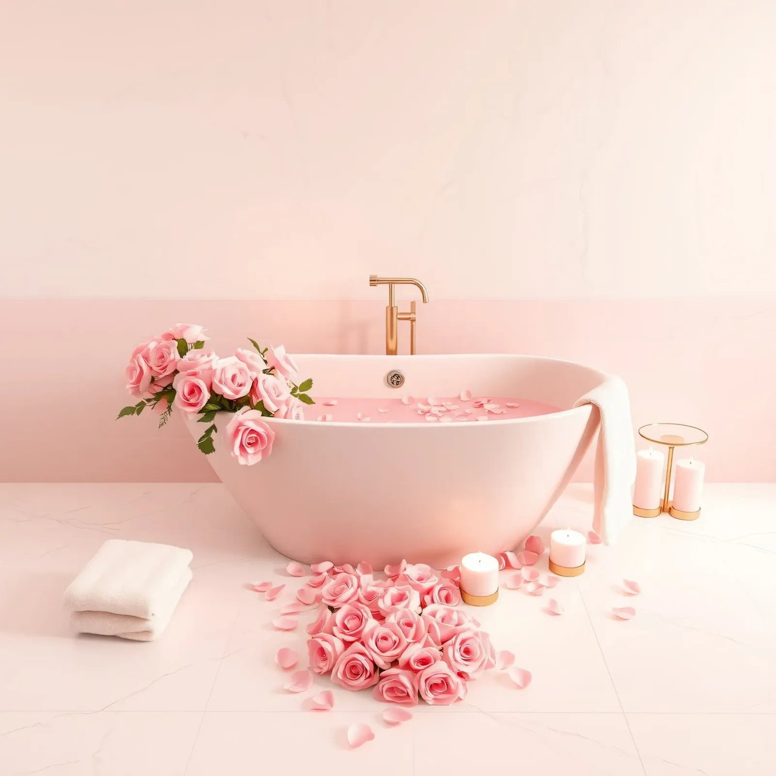 A relaxing bath adorned with pink roses and candles canvas by DesignDoodle