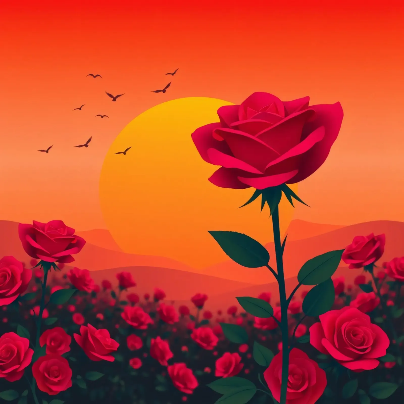 Un tramonto su un campo di rose rosse con silhouette di uccelli pellicola backlit da DesignDoodle